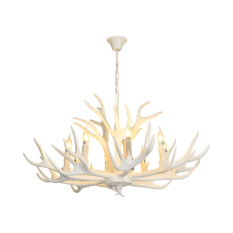 Traditional Candelabra Hanging Pendant 8 Lights Resin Ceiling Chandelier in White for Living Room