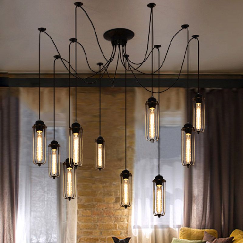 Luce a sospensione vintage Swag con sfumatura a gabbia 10 teste lampada sospesa regolabile in metallo in nero per sala da pranzo
