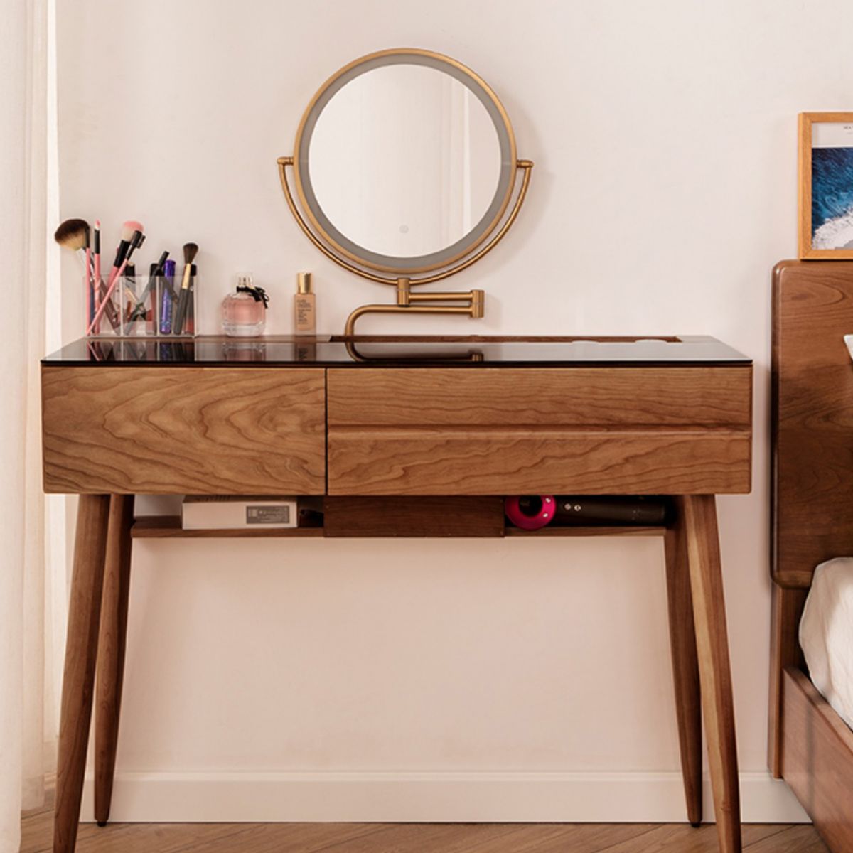 Wood and Glass Makeup Vanity Set With Mirror Standing Vanity Table