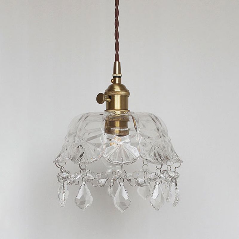 Bloemvorm schaduw plafond hanglamp vintage 1 licht helder glas hanglicht met kristalhanger