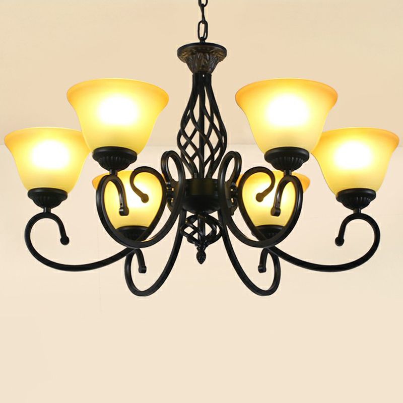 Swirled Arm Metallic Chandelier Pendant Light Vintage Living Room Hanging Light with Bell Frost Glass Shade