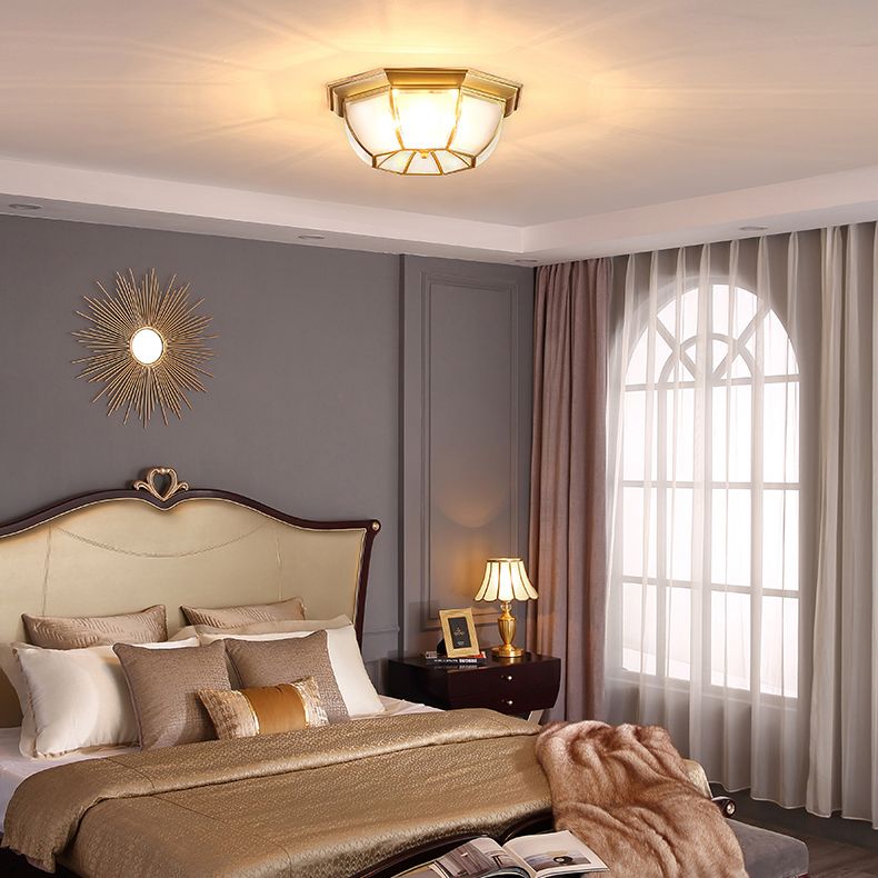 Shaded Living Room Flush Mount Light Fixture Traditional Glass Gold Flushmount Ceiling Lamp