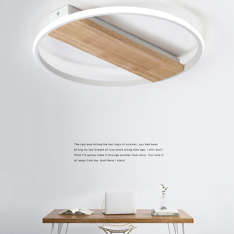 Modern LED Ceiling Light Fixture White Circular Ceiling Mounted Light with Wooden Shade