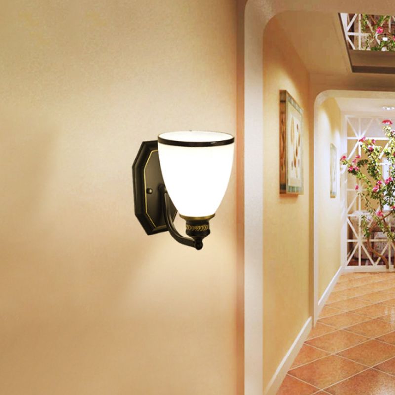 Bell Shape Living Room Wall Light Classic Cream Glass Black Wall Lighting Fixture