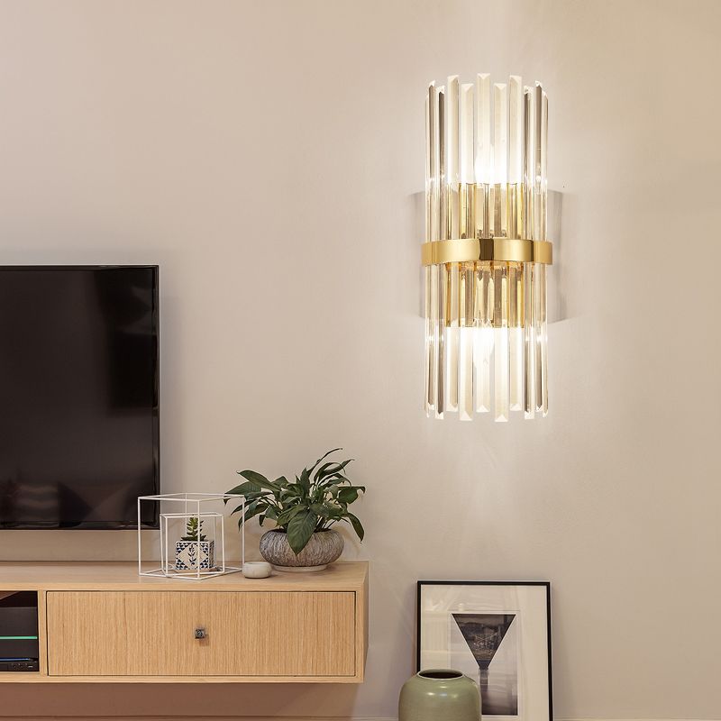 Cylinder Wall Mounted Lamp Contemporary Style Clear Crystal 2 Bulbs Golden Wall Lighting for Living Room