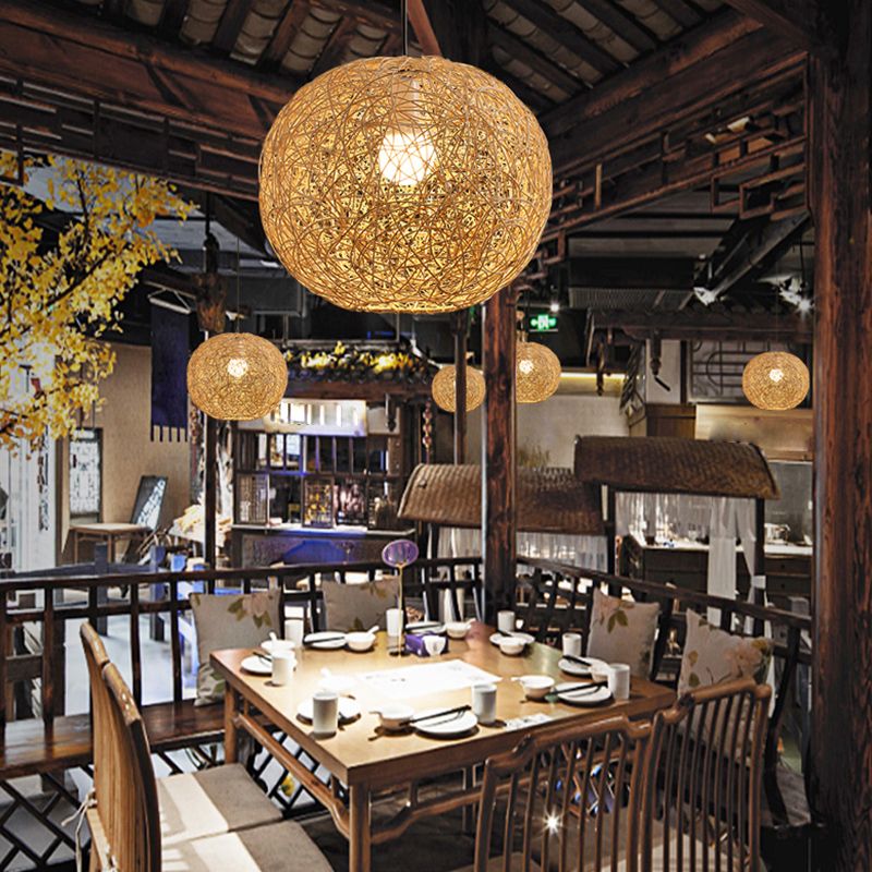1 Leichte moderne kugelförmige Bambus -Anhänger Leichte ländliche hängende Lampe für das Wohnzimmer