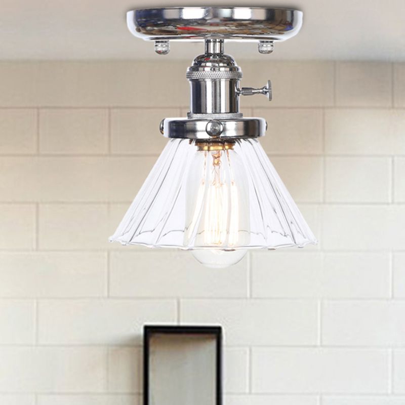 1 Bulb Semi Flush Mount Cone/Bell/Rhombus Industrial Clear/Amber Glass Ceiling Light in Chrome