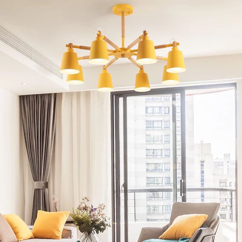 Cone Shade Metal Hanging Lamp Macaron Style Wood Chandelier for Living Room