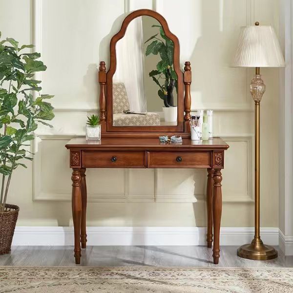 Traditional 2 Drawers Wood Mirrored Makeup Table Desk Vanity in Brown