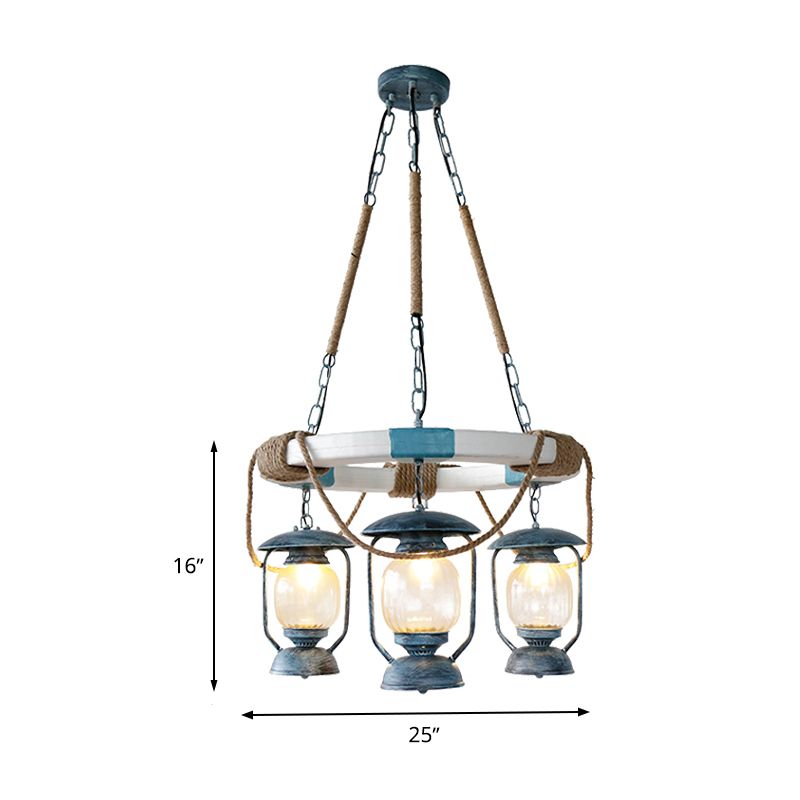 3 Lights Chandelier Lighting Factory Lantern Clear Glass Hanging Light Fixture in Blue