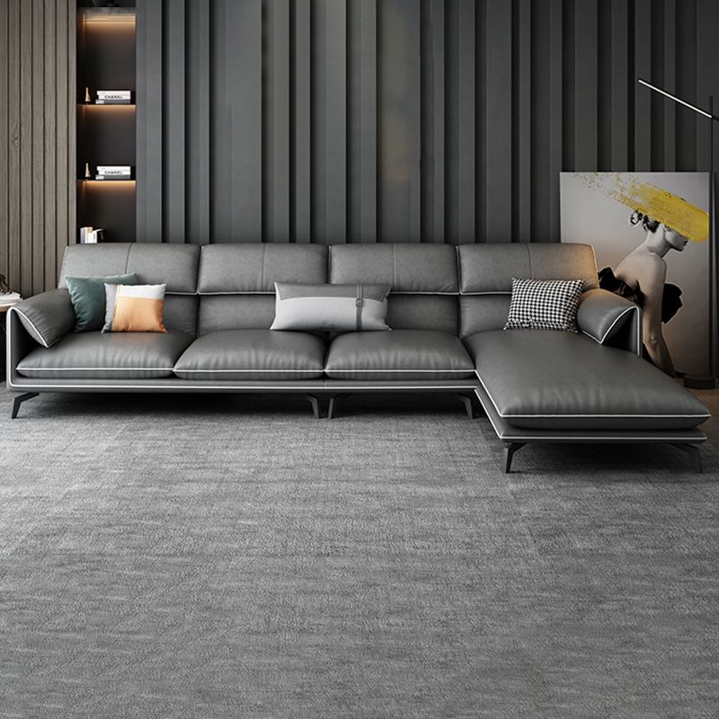 35"H Contemporary Sectional Sofa Leather Grey Stationary Sectionals