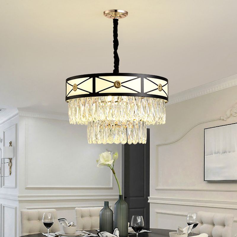 Black Finish 9 Heads Chandelier Lamp Contemporary Clear Crystal 3-Layer Round Suspension Light