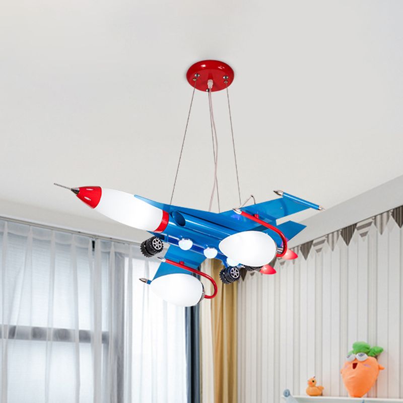 Jet Airliner LED Pendant Chandelier Cartoon Opaline Glass Baby Boys Room Ceiling Suspension Lamp in Blue