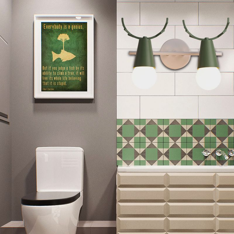 2 Heads Cone Wall Light with Antlers Contemporary Metal Wall Sconce for Study Room