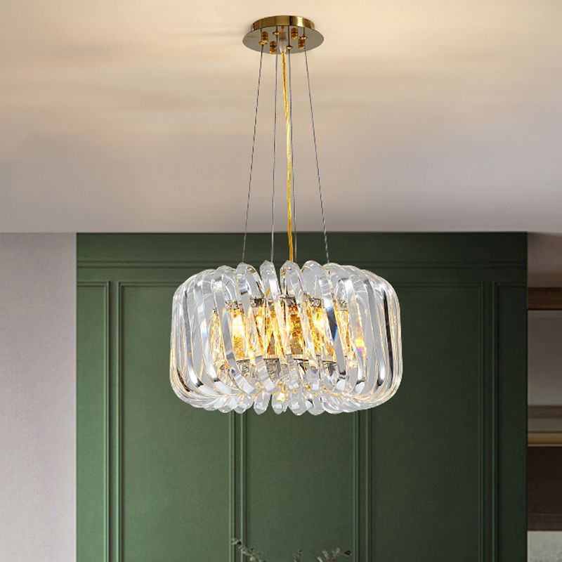 Minimalist Drum Pendant Lighting 4/8/12-Light Clear K9 Crystal Chandelier Light Fixture in Gold