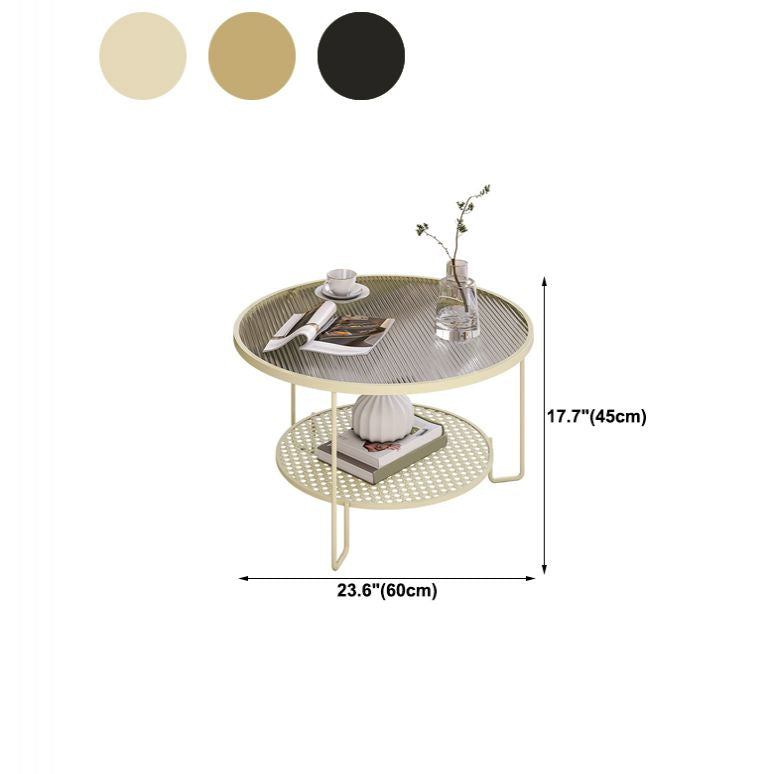 Modern Round Glass Top Coffee Table with 3 Iron Legs and Shelf