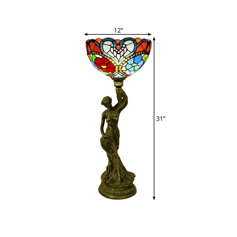 Bowl Table Lighting 1 Head Stained Glass Baroque Petal/Dragonfly Patterned Night Lamp in Brass with Resin Naked Woman Base