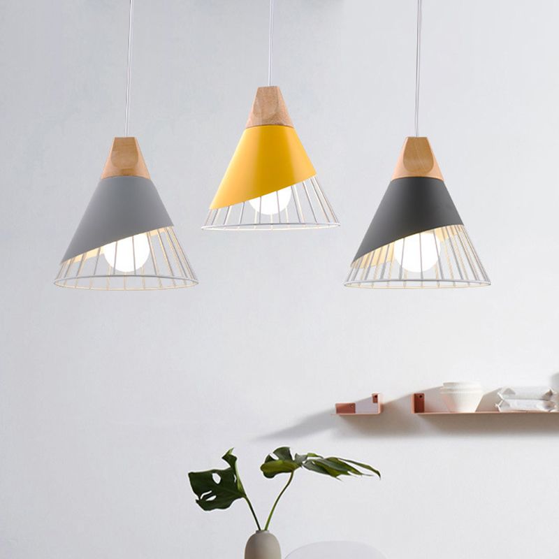 1 Light Macaroon Hanging Light Nordic Minimalist Solid Wood Bedroom Pendant Lamp with Iron Hollow Lampshade