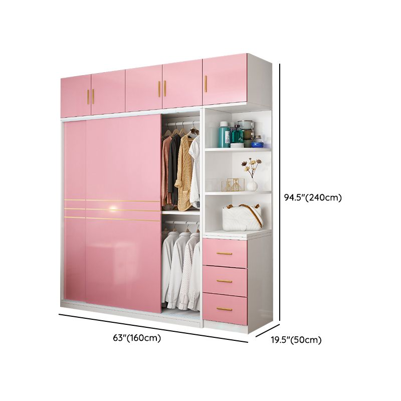 Pink Hanging Clothes Rack Wooden Wardrobe Armoire with Lower Storage Drawers