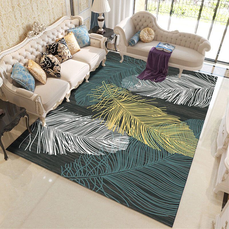 Decorative Rectangle Rug with Feather Pattern Stylish Contemporary Rug Polyester Washable Carpet for Home Decor
