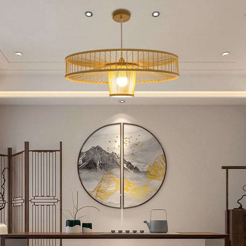Asian Style Bamboo Weaving Suspension Light Single Bulb Creative Hanging Lighting Fixture in Beige