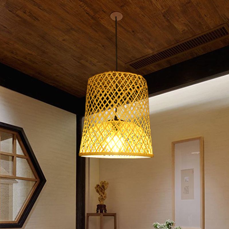 Barrel Bamboo Ceiling Lamp Asian 1 Head Beige Pendant Lighting Fixture for Restaurant