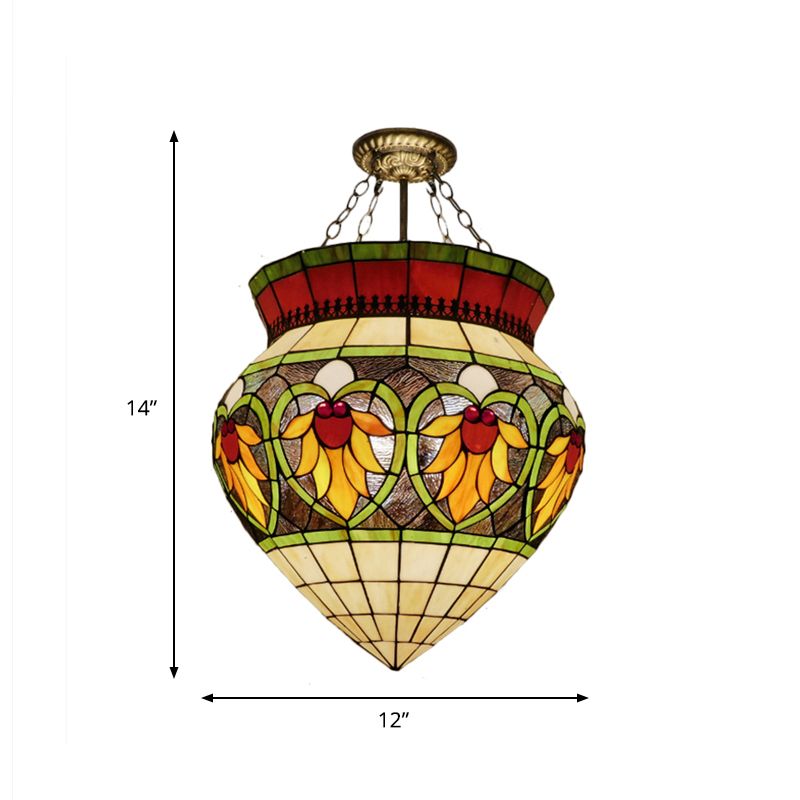 Green 3 Lights Semi Flush Mount Light Tiffany Style Stained Glass Flower Ceiling Lighting for Corridor