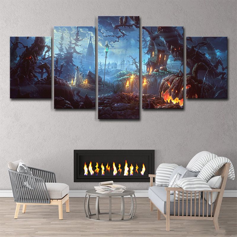 Halloween Forest Night Canvas Art Kids Dreary Scenery Wall Decor in Blue for Bedroom