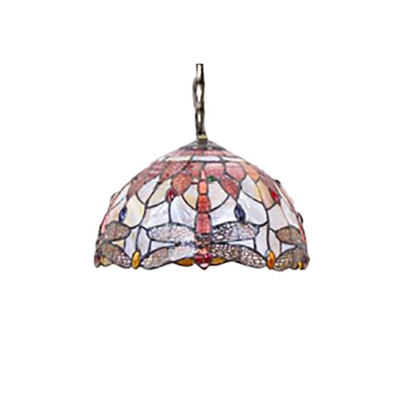 Dome Ceiling Lamp Tiffany Shell 3 Bulbs Pink Hanging Pendant Light with Dragonfly Pattern, 12"/16" Wide