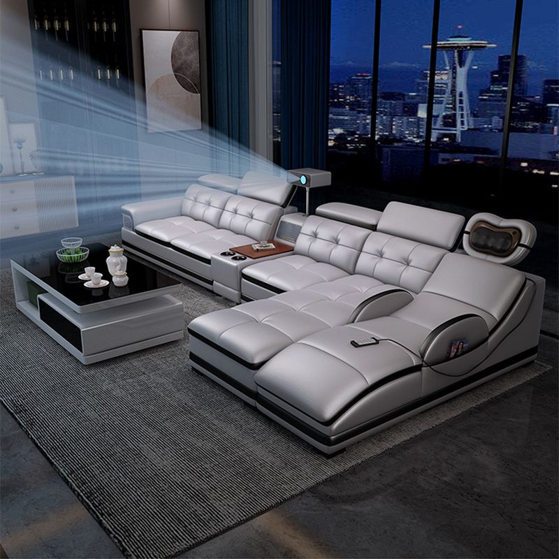 Modern Tufted Power Sectional & Chaise Gray Genuine Leather Sectional Sofa with Storage