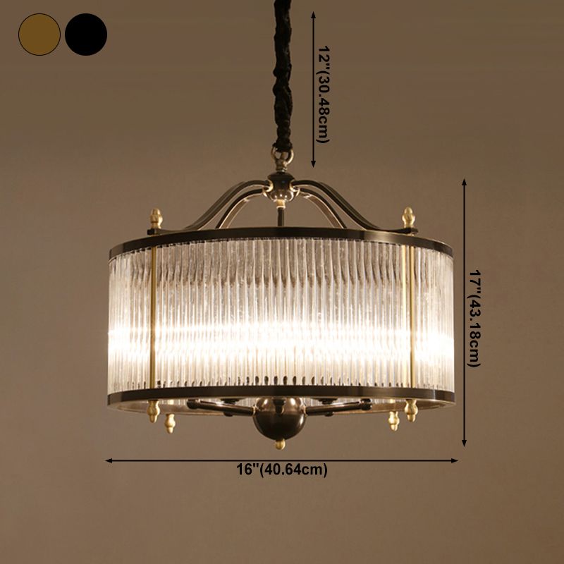 Copper Chandelier Light Fixtures American Style Multi-Head Drum Suspension Lamps for Living Room