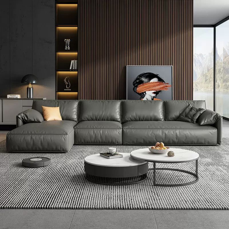 Genuine Leather Sectionals 70" Wood Stationary Sectionals in Black