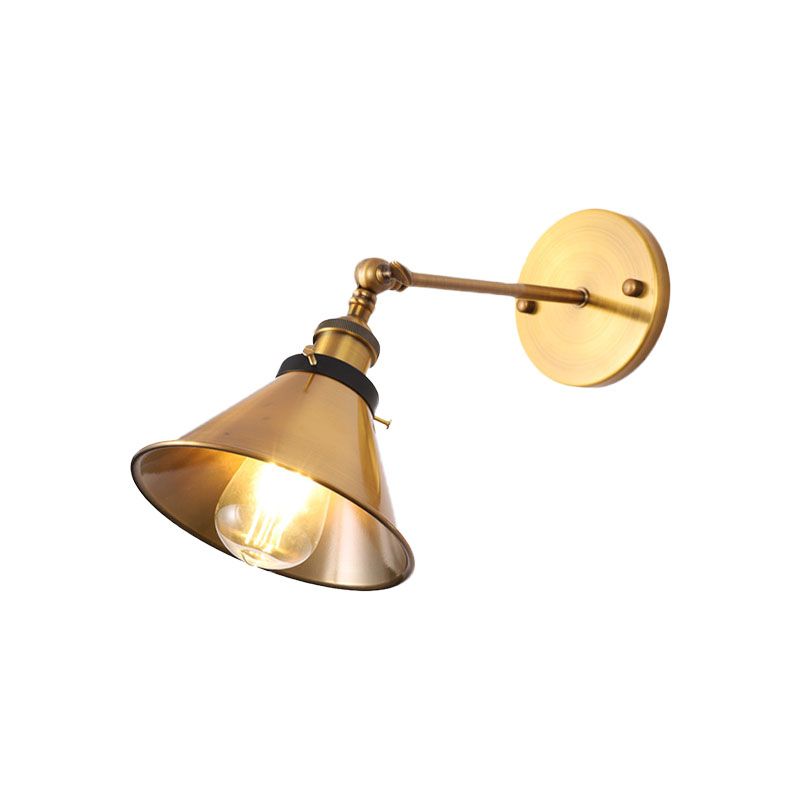 Iron Antiqued Gold Wall Lighting Conic/Barn Shade 1 Bulb Vintage Sconce Light Fixture with Adjustable Joint