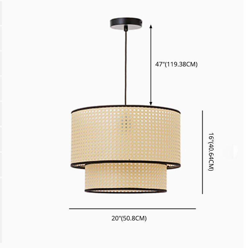 Beige Hand-Worked Pendant Chinese Style 1 Bulb Bamboo Cylindrical Hanging Light for Dining Table