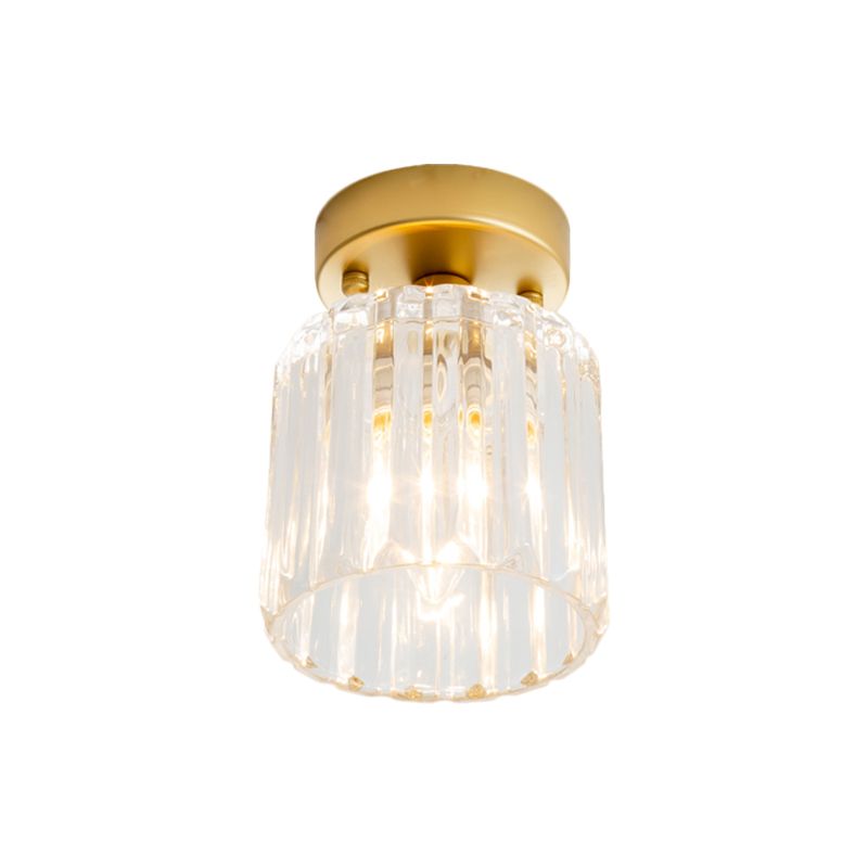 Farmhouse Cylindrical Ceiling Flush Single Head Clear Ridged Glass Flush Light Fixture in Brass