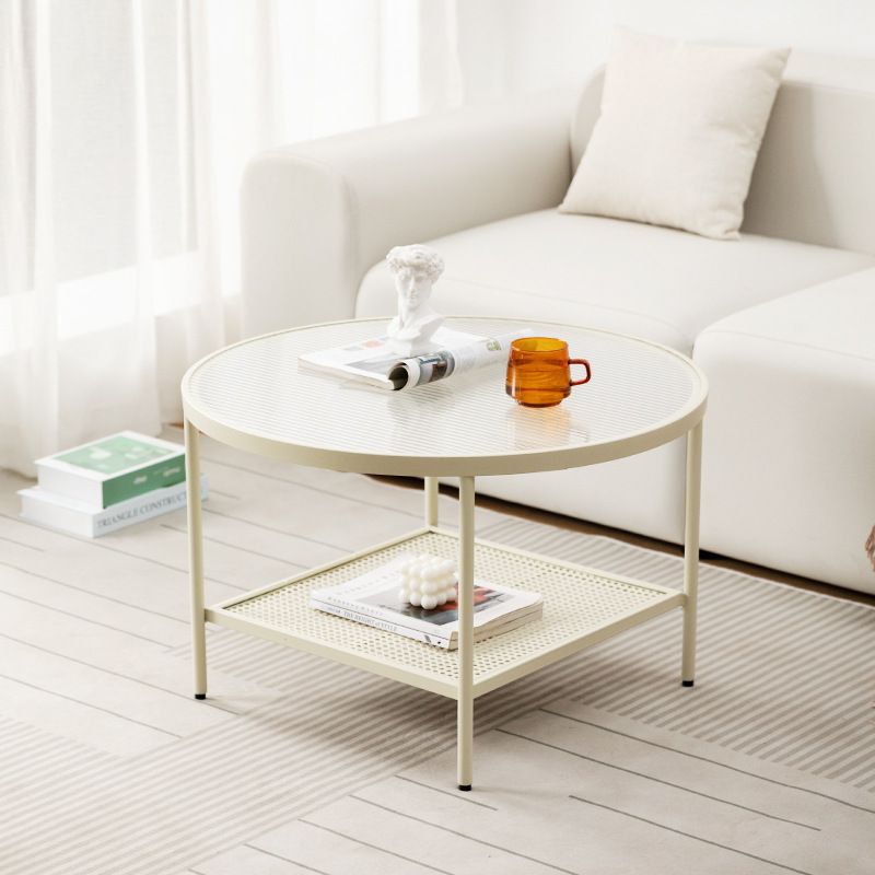 Modern 17.7"H Round Glass Cocktail Table Iron 4 Legs Coffee Table with Shelf