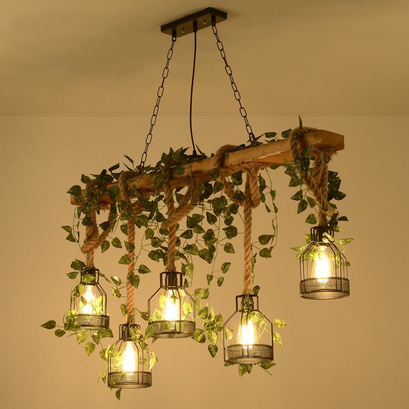 Wooden Brown Island Light Linear 5 Heads Rustic Pendant Light with Cage Shade and Green Art Ivy