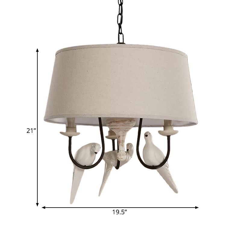 Fabric Beige Pendant Lamp Drum 3 Lights Vintage Chandelier Light Fixture for Bedroom with Bird
