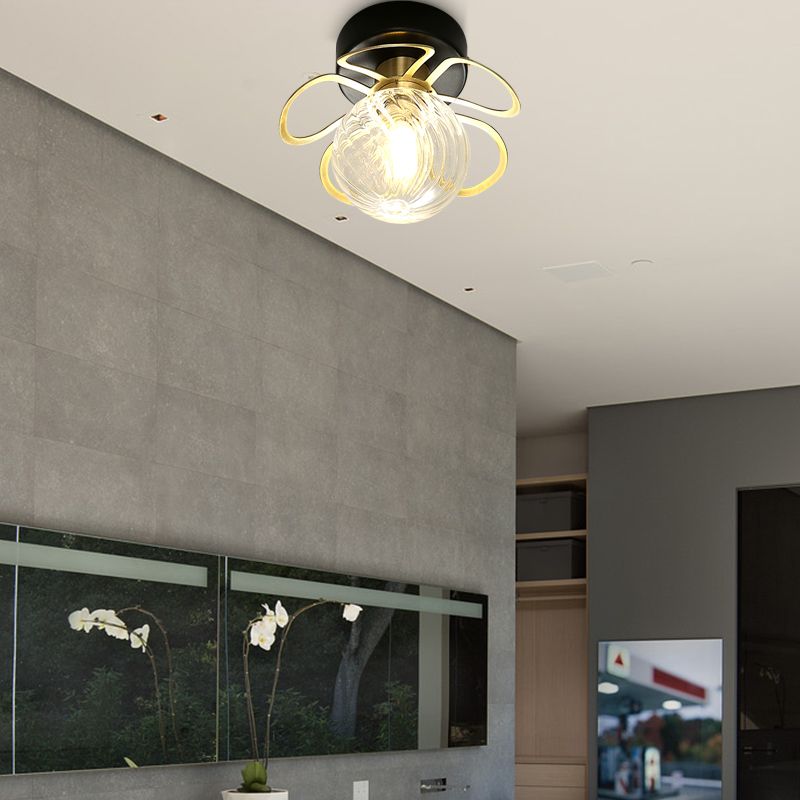 Flower Semi Flush Mount Lamp Minimalist Swirl Crystal 1/3 Lights Black/Gold Ceiling Fixture