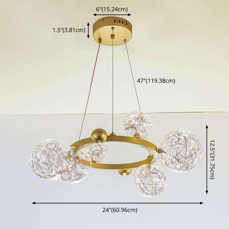 Transparant glas bol LED -licht snaren kroonluchter ronde metalen lamp body moderne stijl eenvoud verlichtingsarmatuur