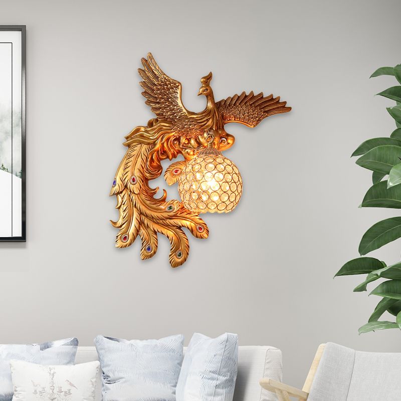 Lodge Style Phoenix Sconce Lighting Resin 1 Light Wall Lamp with Dome Crystal Shade in Gold
