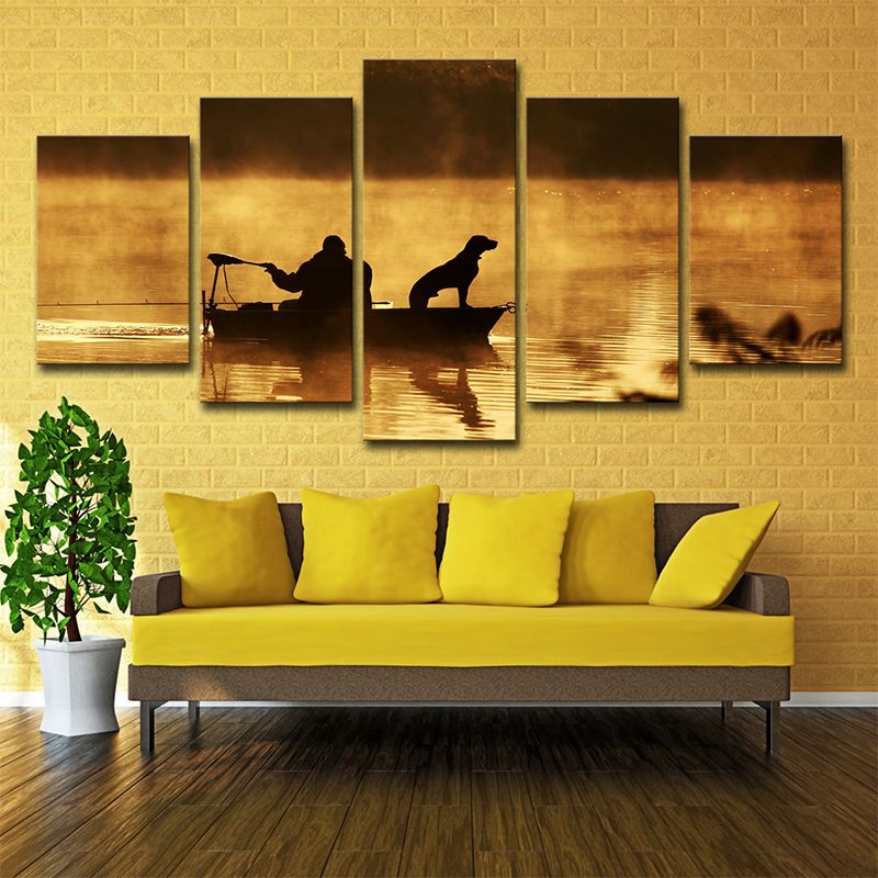 Fisherman and His Dog Canvas Print Brown Modern Style Wall Art Decor for Living Room
