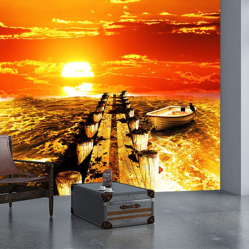 Photography Sea Sunset Mural Wallpaper for Living Room in Orange, Custom Size Available