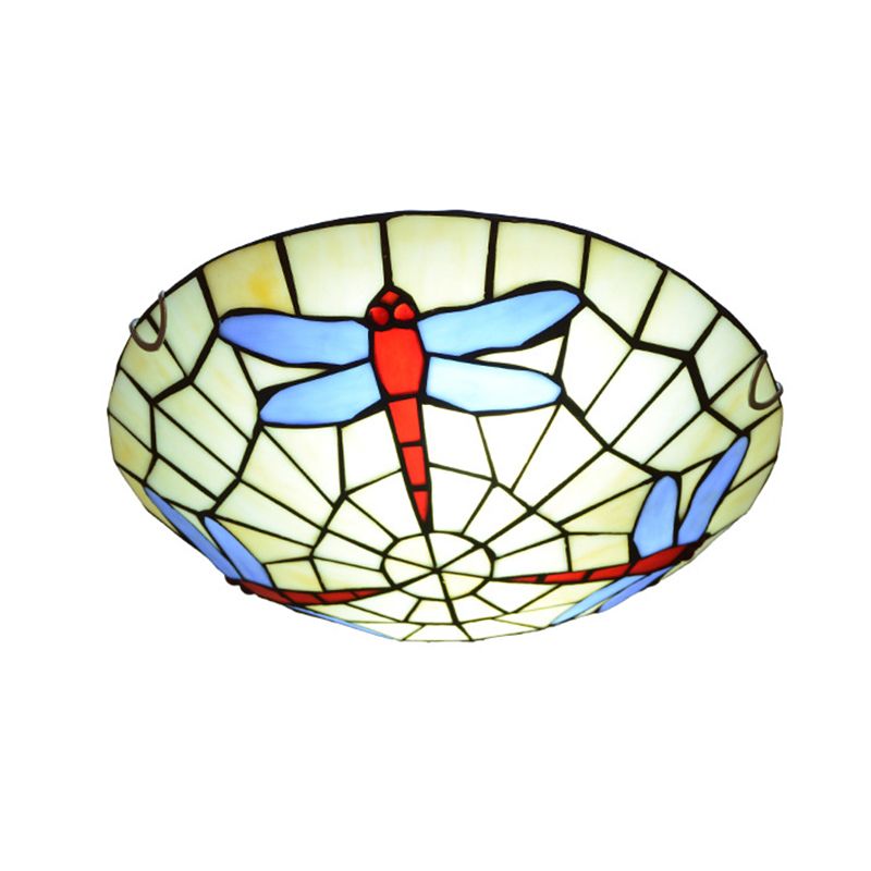 Dragonfly Round Ceiling Lighting Hand-Crafted Glass Tiffany Flush Mount Light in Sky Blue