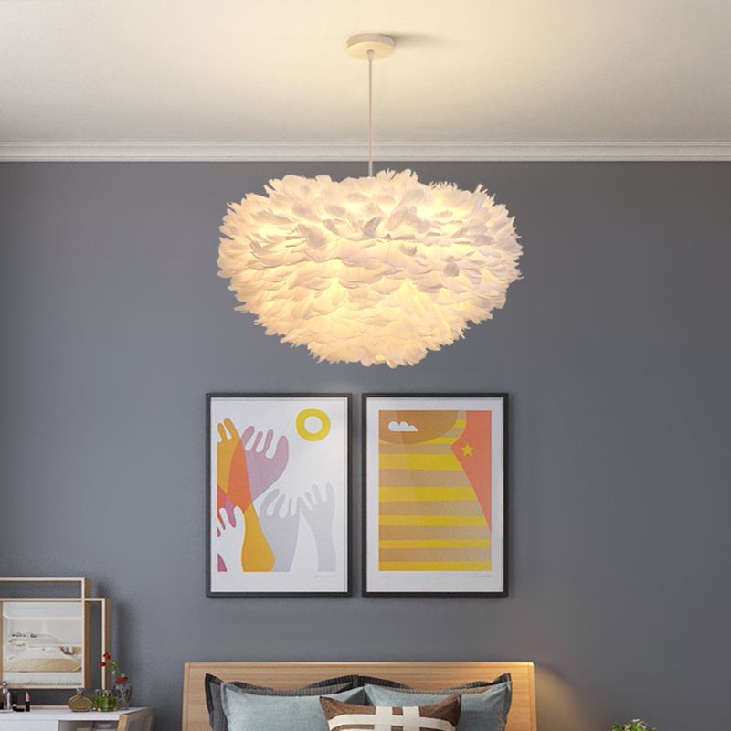 Dome Bedroom Chandelier Pendant Feather 19.5"/23.5" Wide 5 Bulbs Simple Hanging Light in Grey/White/Pink