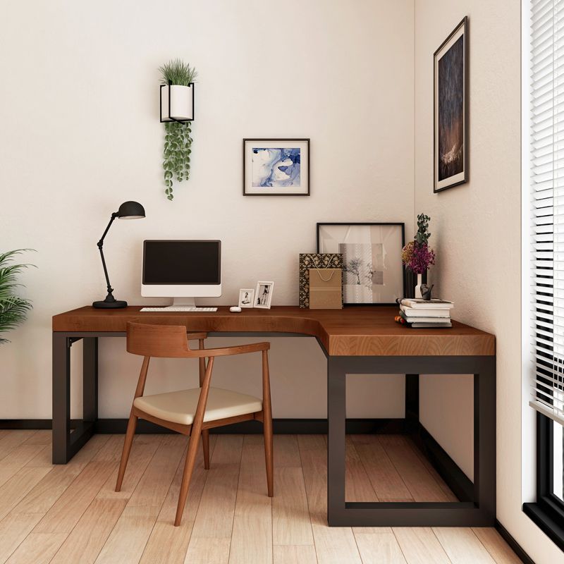 Solid Wood Trestle Writing Desk Industrial Style L-Shape Office Desk