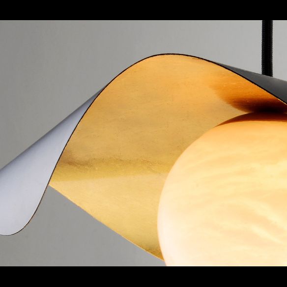 Black and Gold Inner Ruffle Pendant Postmodern 1 Bulb Faux Marble Hanging Light with Ball Glass Shade