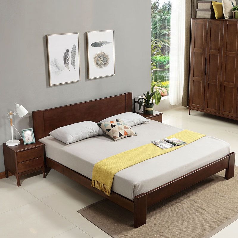 Modern Solid Color Panel Bed Rubberwood Standard Bed with Headboard