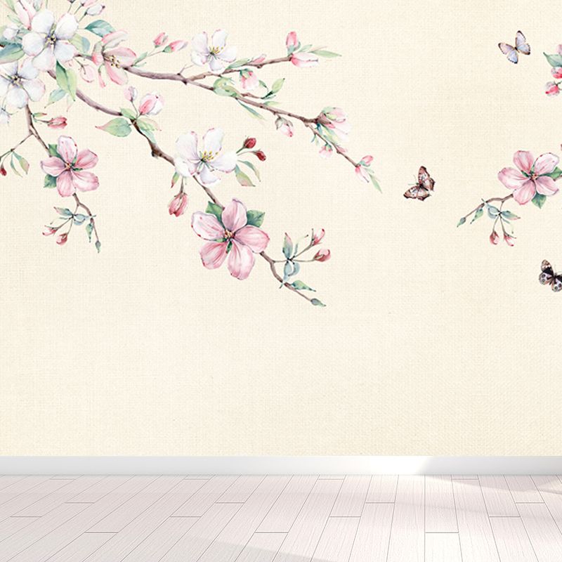 Hand Printed Peach Blossom Mural Wallpaper Modern Non-Woven Wall Covering in Pink