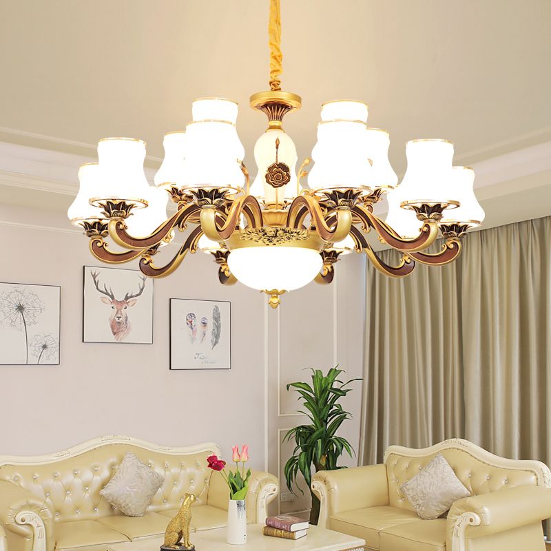White Glass Flared Chandelier Vintage Dining Room Suspended Lighting Fixture in Brass